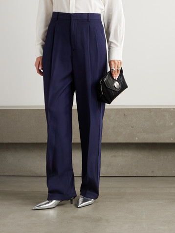Polo Ralph Lauren Pleated silk satin-trimmed wool wide-leg pants