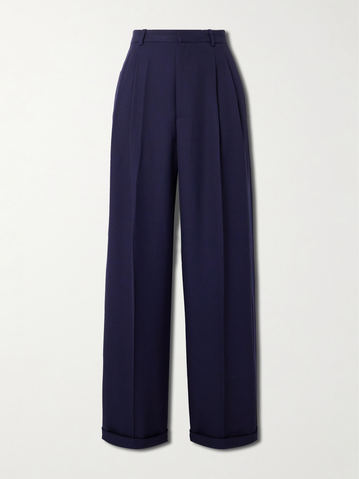Polo Ralph Lauren Pleated Silk Satin-trimmed Wool Wide-leg Pants In Blue