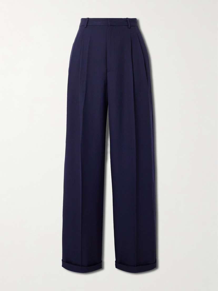Polo Ralph Lauren Pleated Silk Satin-trimmed Wool Wide-leg Pants