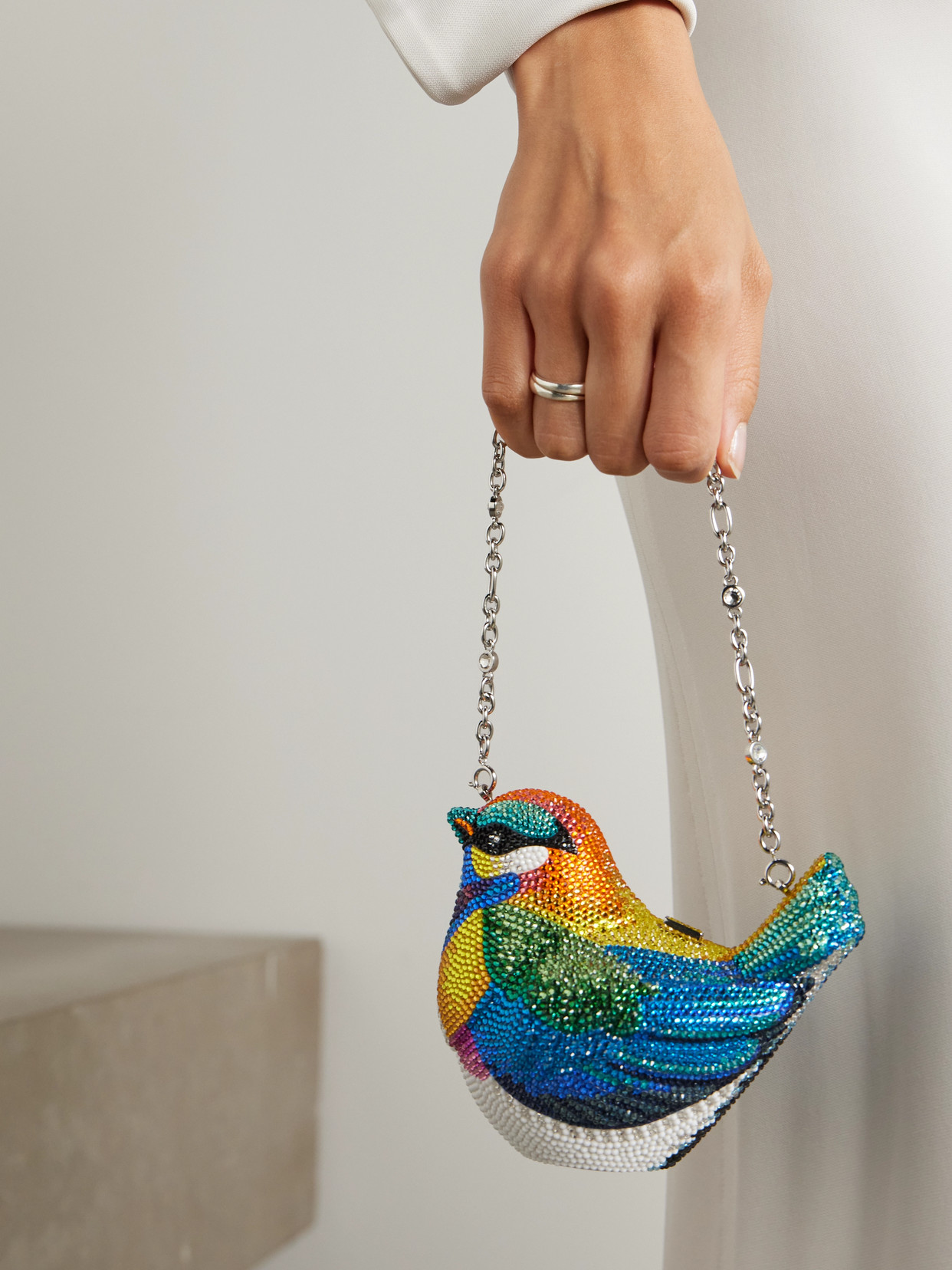 Judith Leiber Bird Chickadee Crystal-embellished Silver-tone Clutch In Multi