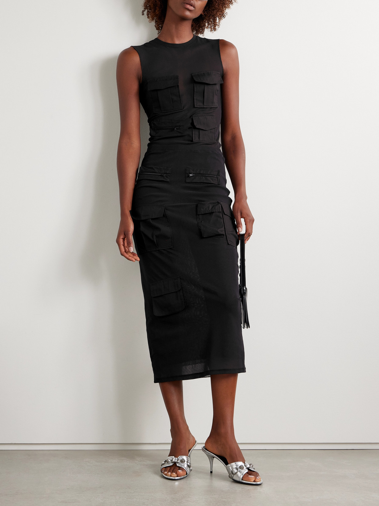 Acne Studios Cotton Poplin-trimmed Mesh Midi Skirt In Gray