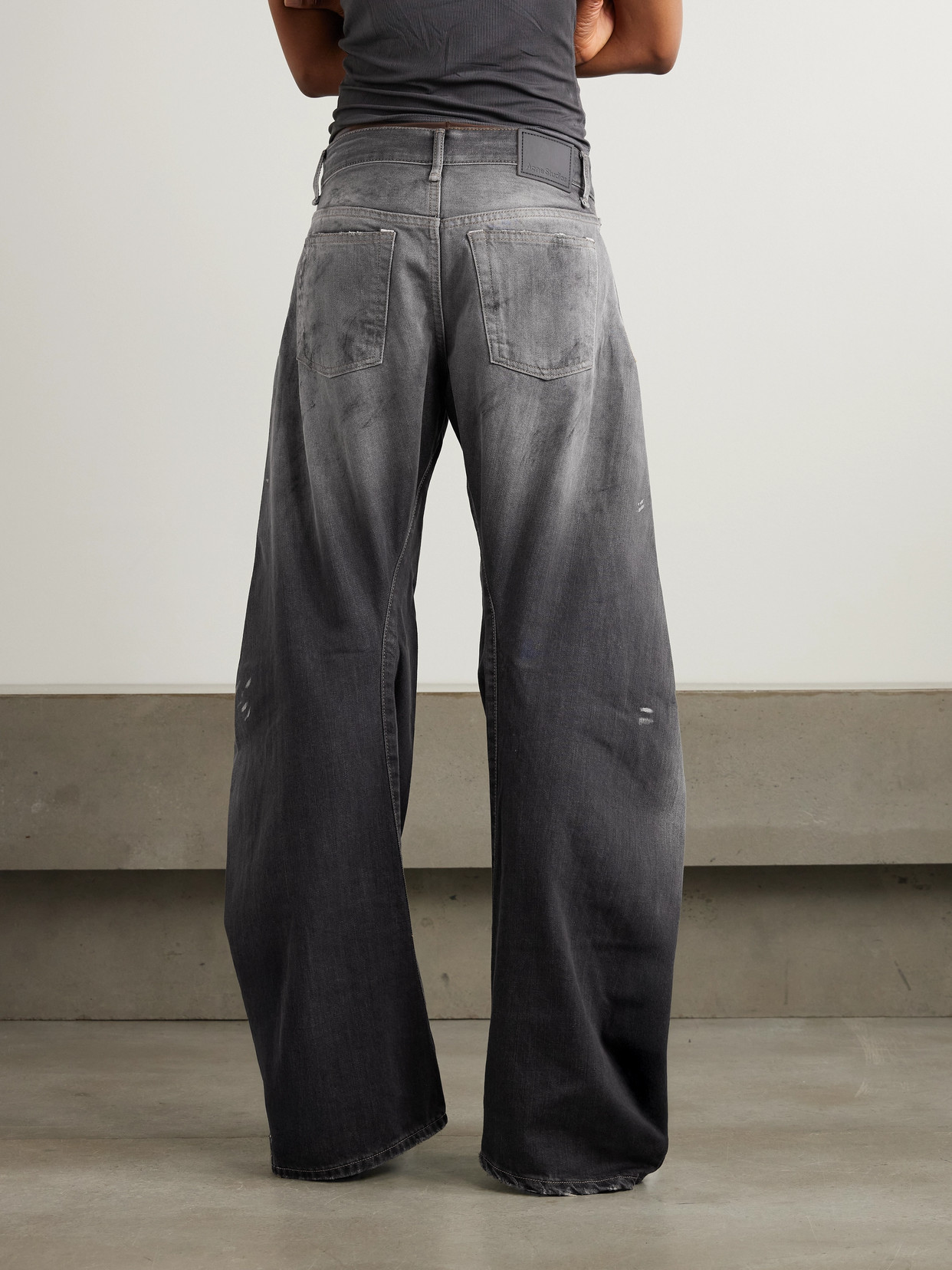 Acne Studios Paint-splattered Low-rise Barrel-leg Jeans In Gray