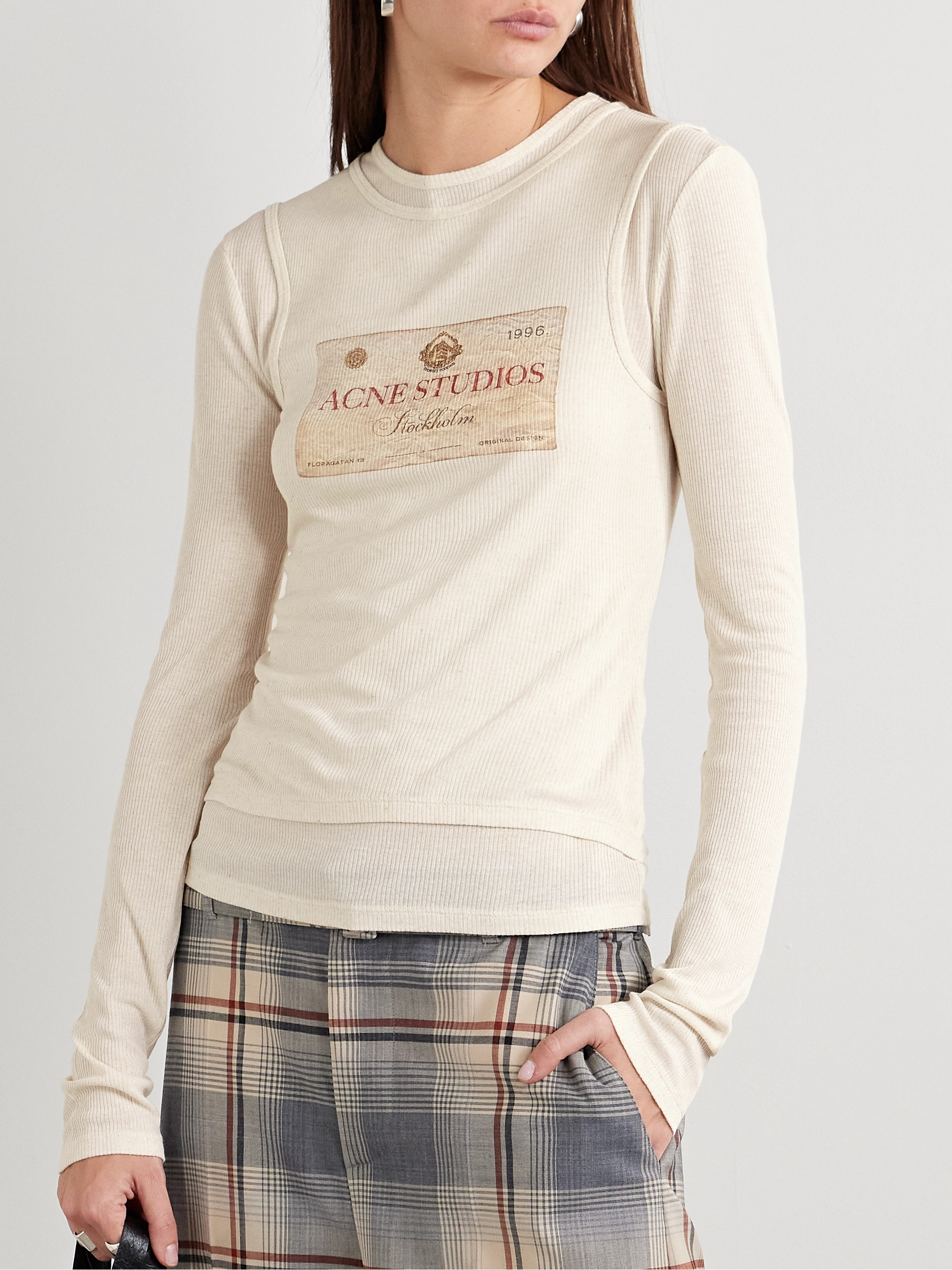 Acne Studios Layered printed ribbed modal and linen-blend jersey top