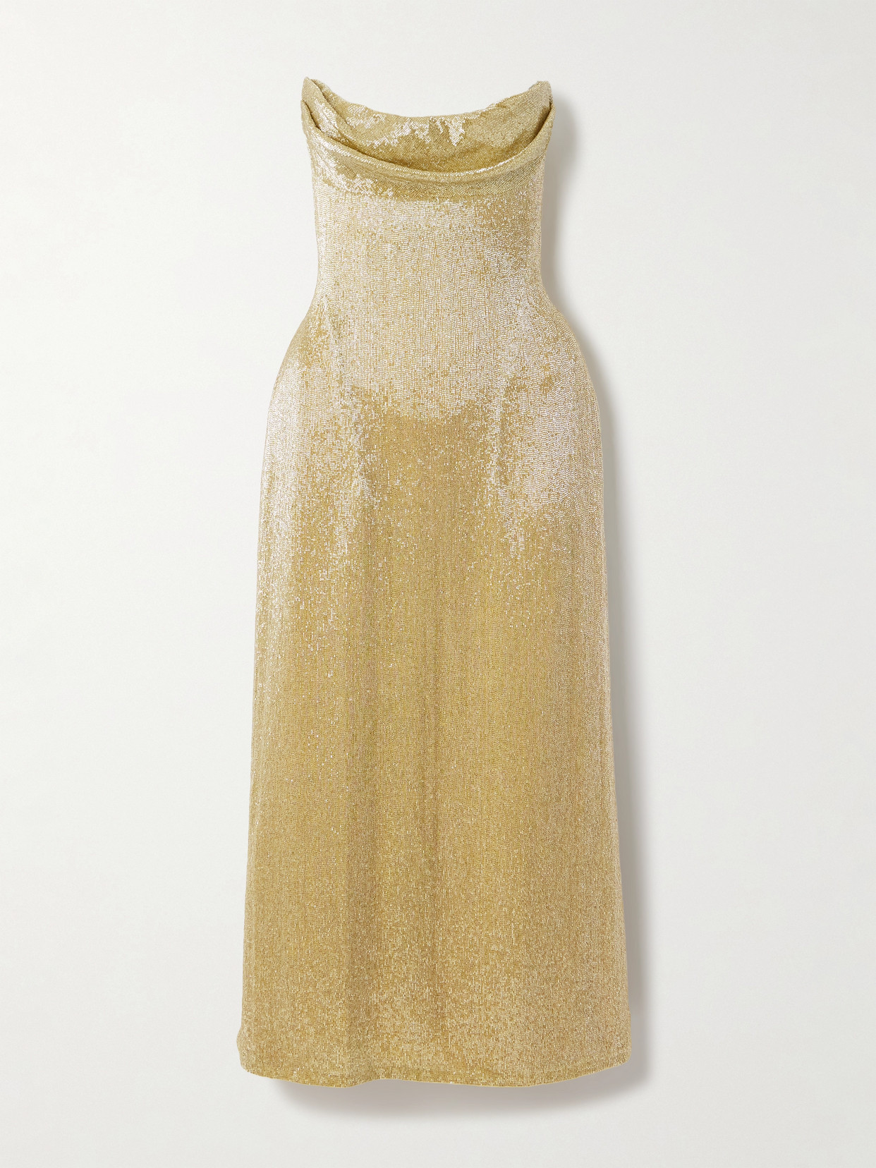 Wiederhoeft Beaded Strapless Chiffon Midi Dress In Gold