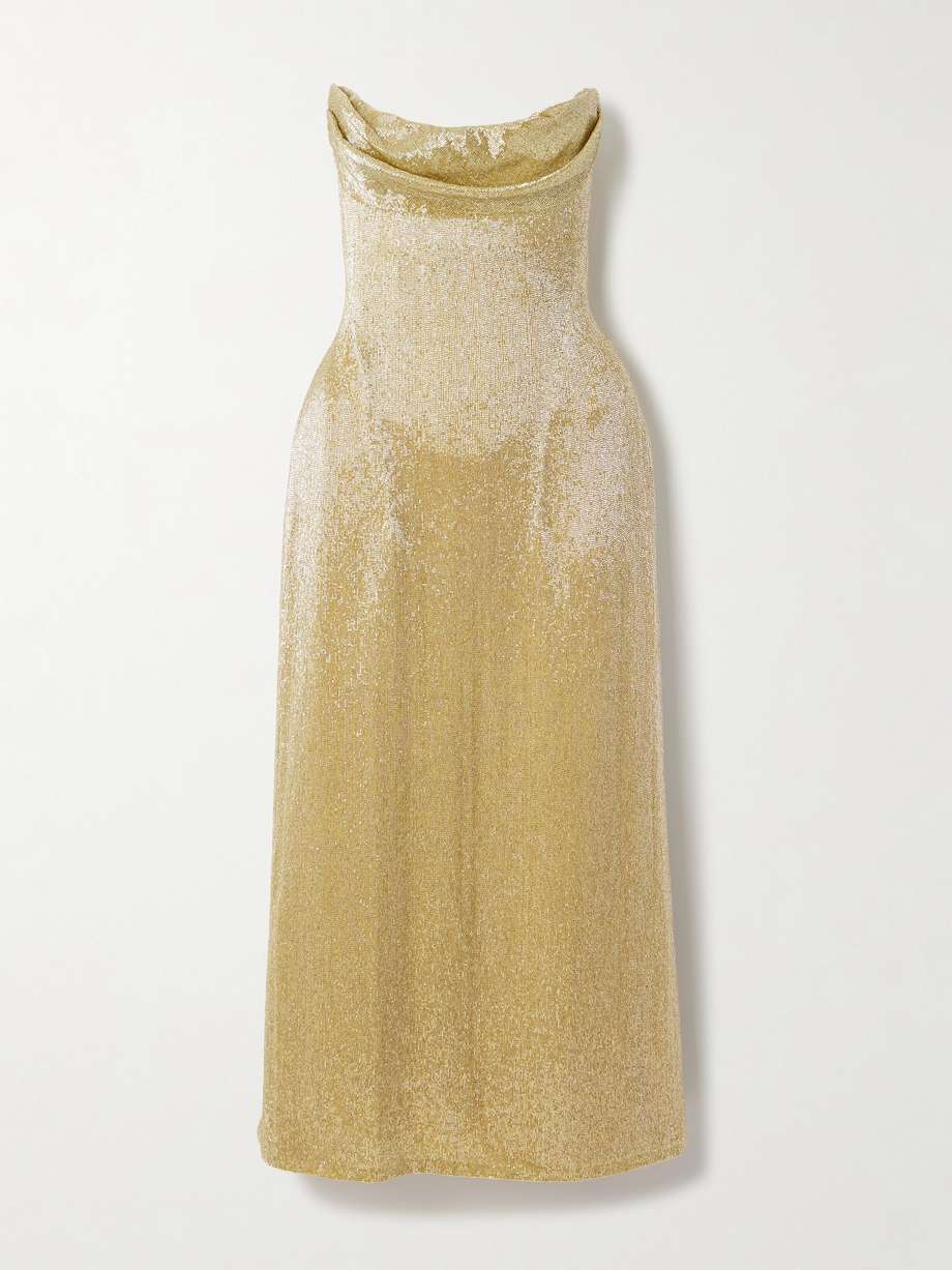 Wiederhoeft Beaded Strapless Chiffon Midi Dress – A gold chiffon midi dress hand-embroidered with glass beads, featuring a draped strapless neckline and inner corset.