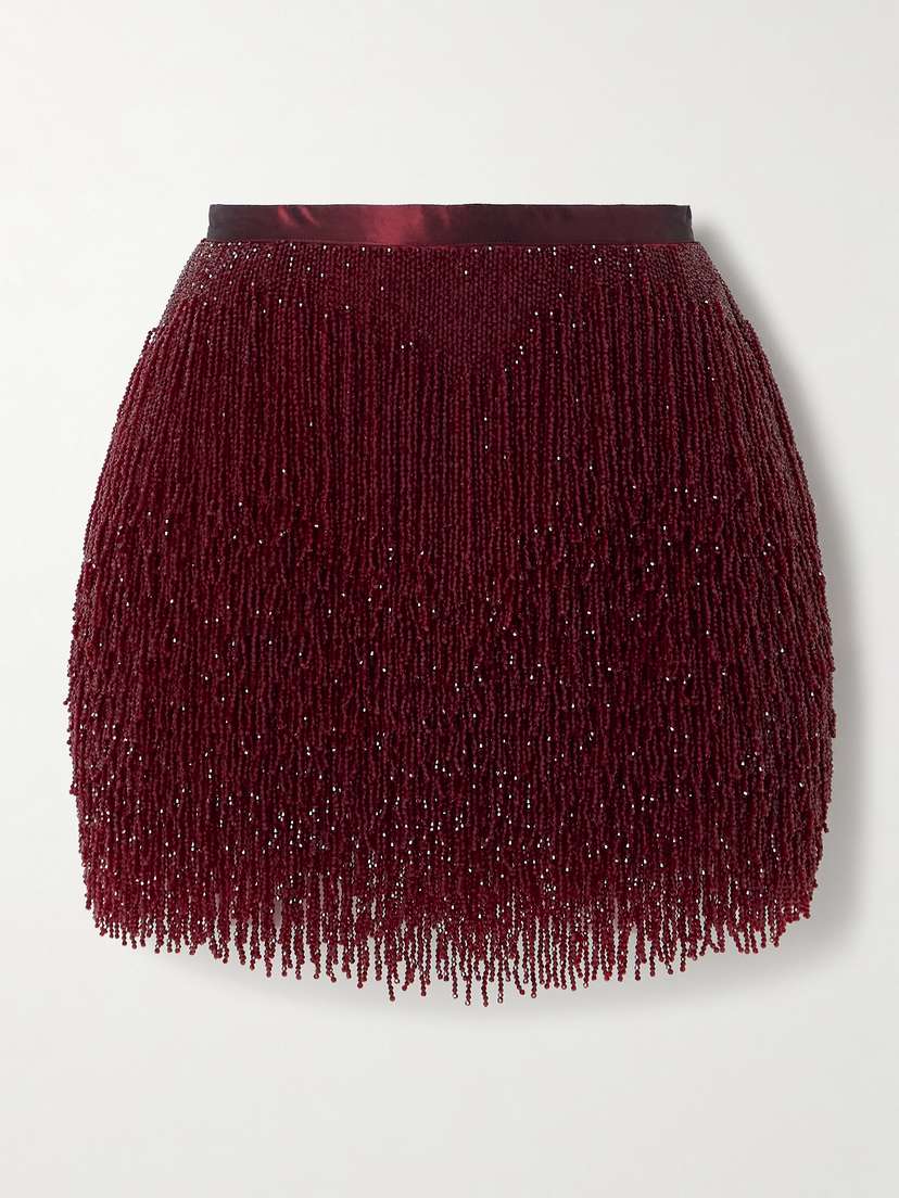 Wiederhoeft Fringed Beaded Silk-satin Mini Skirt