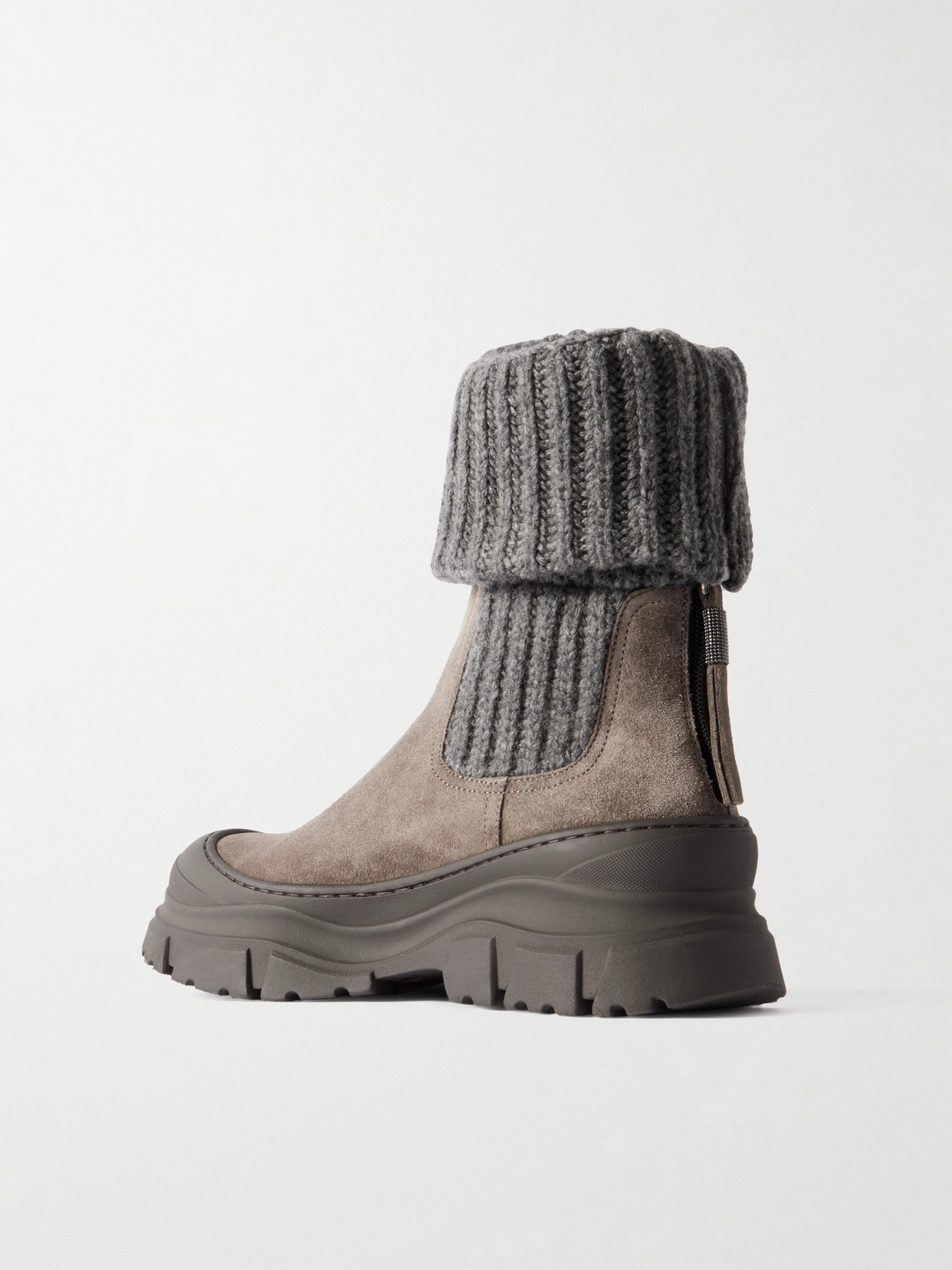 Brunello Cucinelli Bead-embellished Ribbed Wool-trimmed Suede Chelsea Boots In Brown