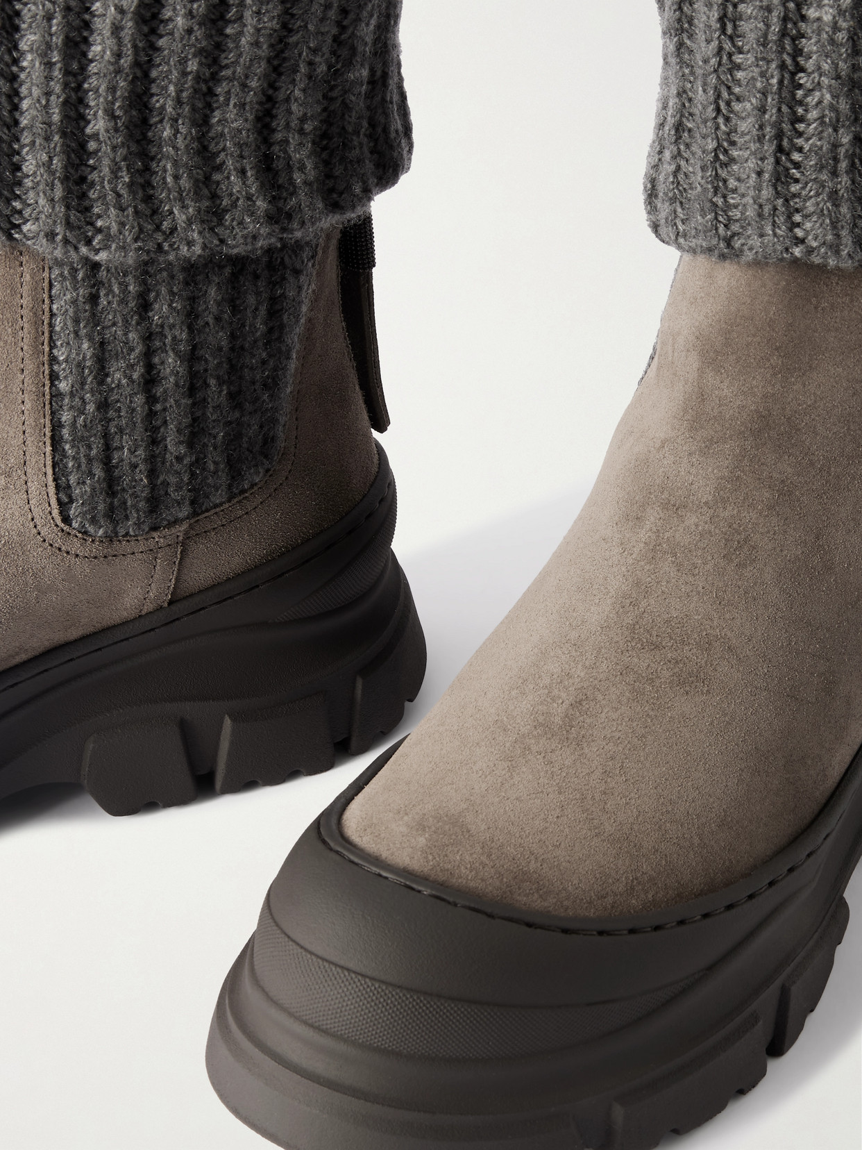 Brunello Cucinelli Bead-embellished Ribbed Wool-trimmed Suede Chelsea Boots In Brown