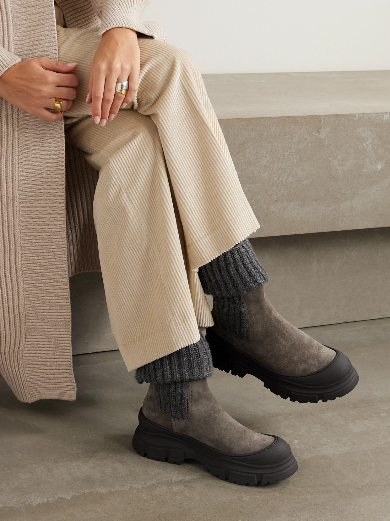 Brunello Cucinelli Bead-embellished Ribbed Wool-trimmed Suede Chelsea Boots In Brown