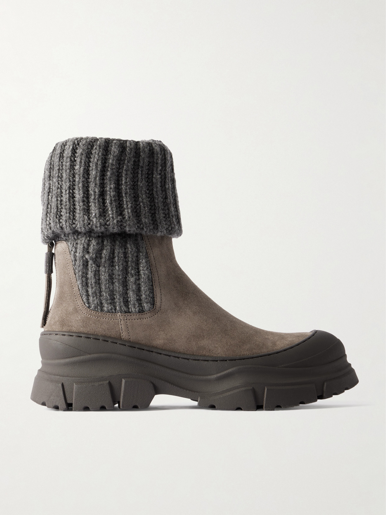 Brunello Cucinelli Bead-embellished Ribbed Wool-trimmed Suede Chelsea Boots In Brown