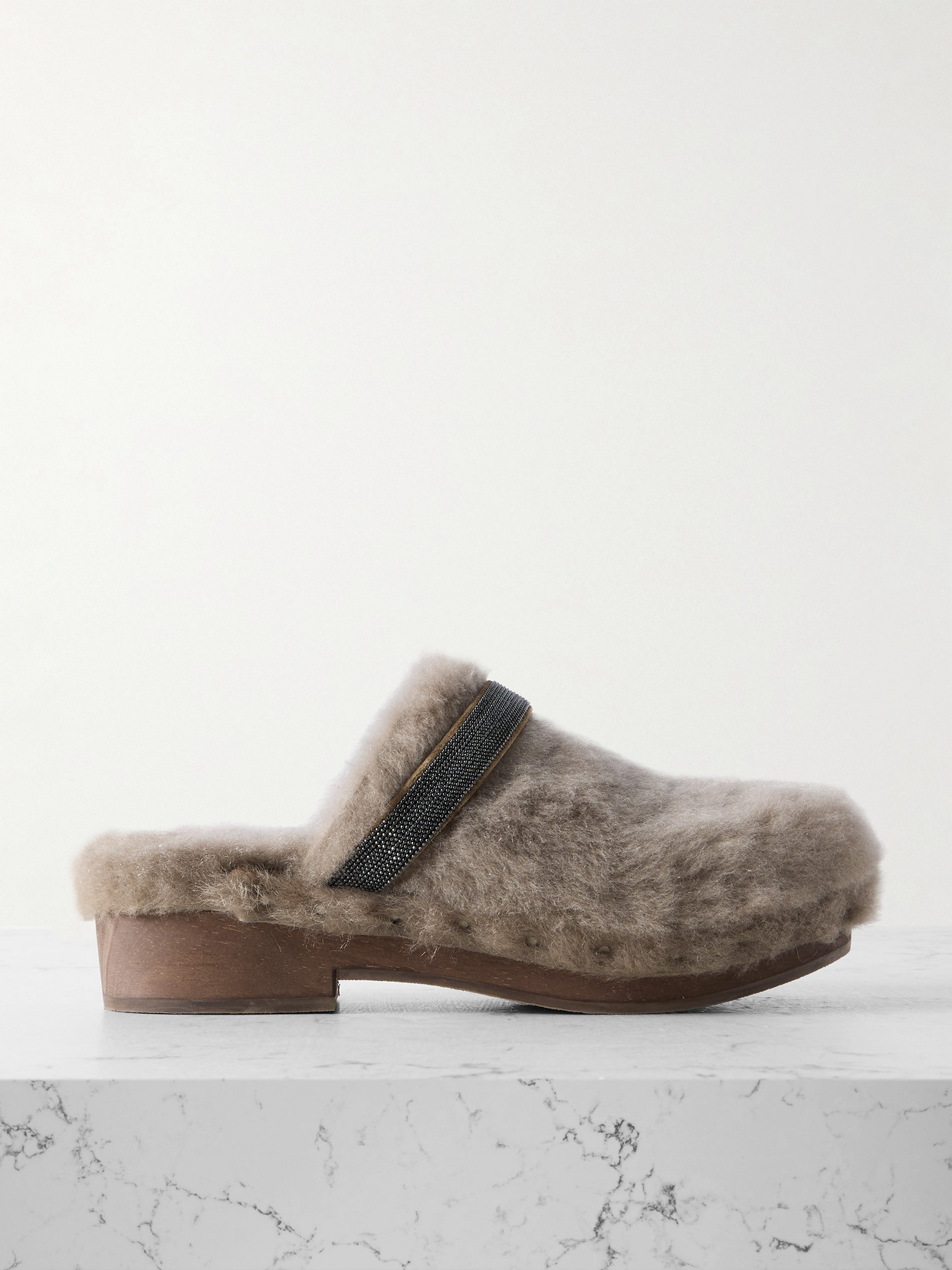 Brunello Cucinelli Bead-embellished Shearling Clogs In Brown