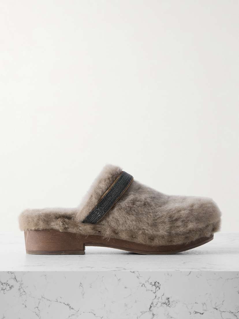 Brunello Cucinelli Bead-embellished Shearling Clogs