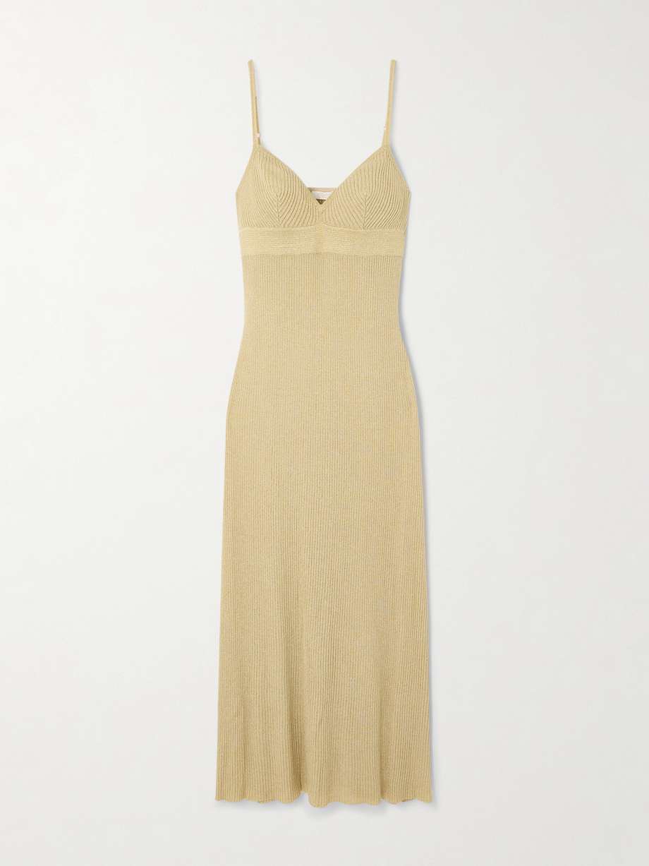 gold metallic ribbed-knit midi dress