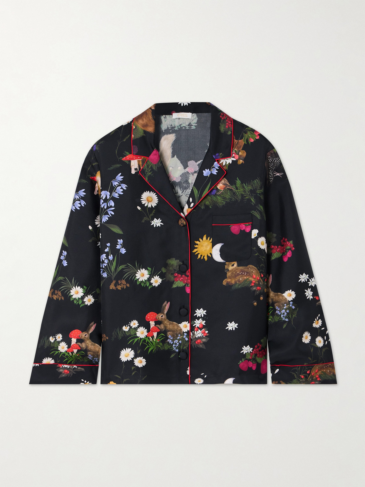Eres Fables Fee Piped Printed Silk Pajama Shirt In Blue