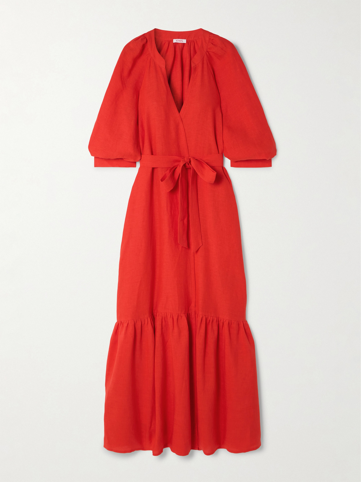 Eres Joie Tiered Belted Wrap-effect Linen Maxi Dress In Red
