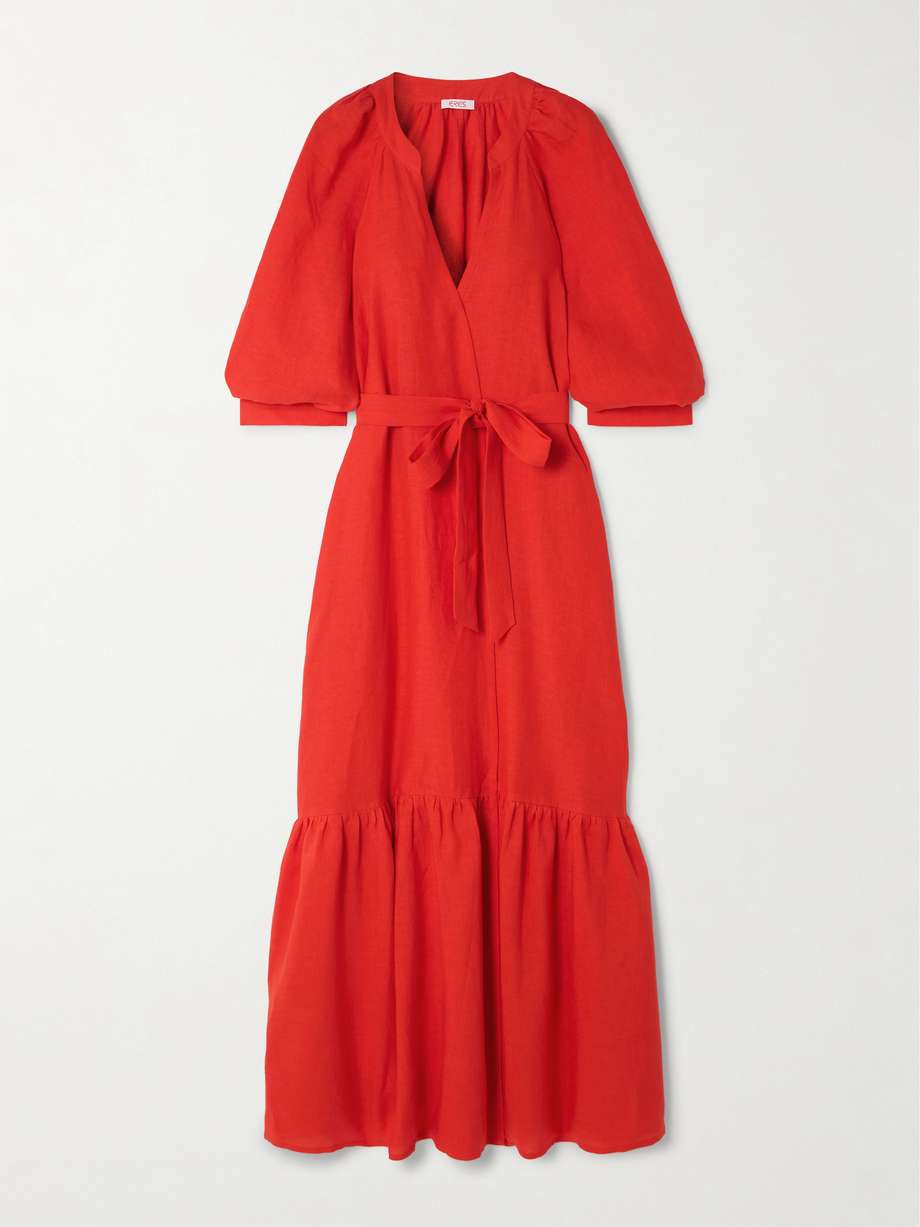 joie tiered belted wrap-effect linen maxi dress