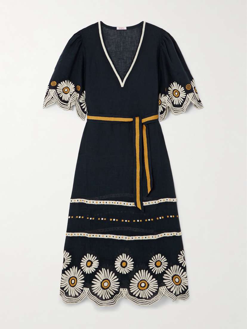 Eres Hortense Belted Scalloped Embroidered Linen Midi Dress
