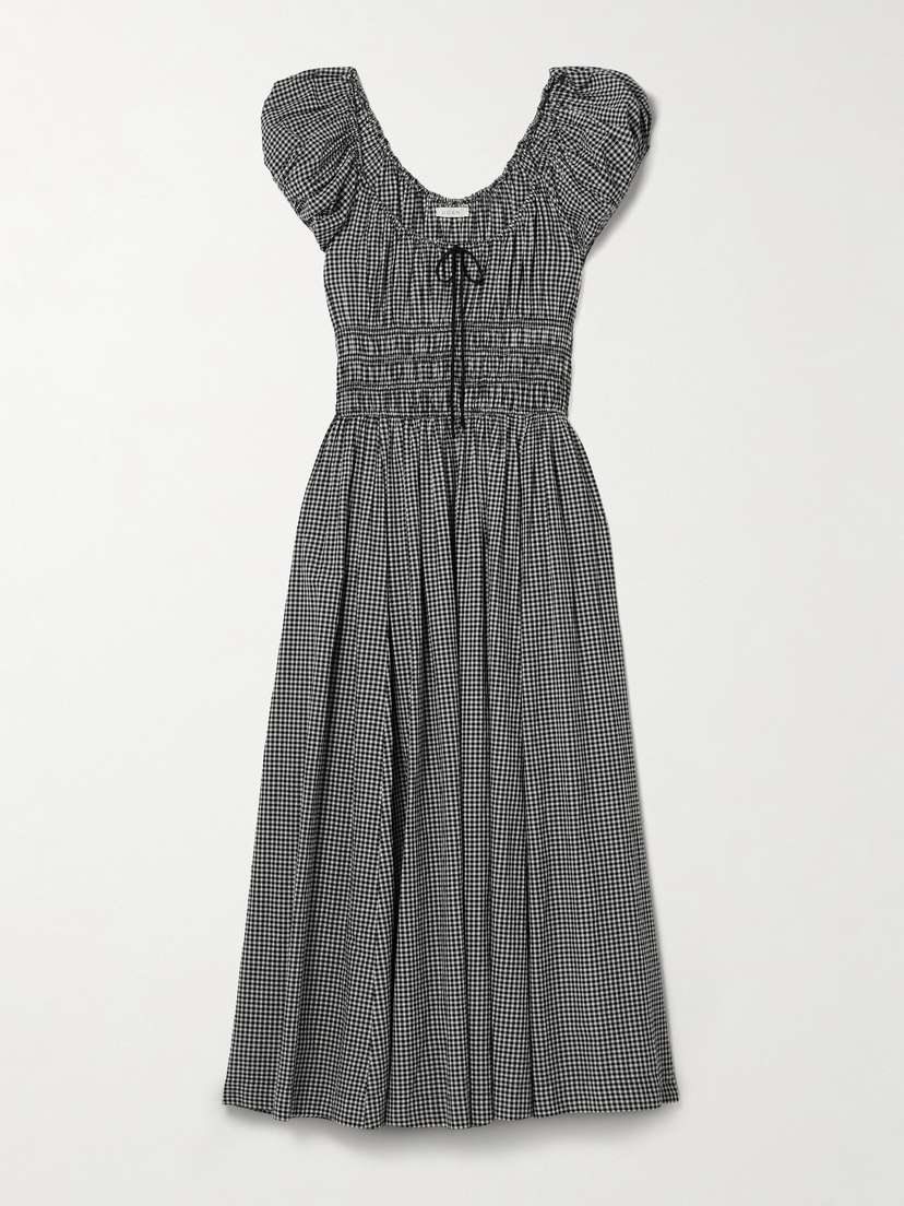 DÔEN Quinn Tie-detailed Shirred Gingham Organic Cotton-poplin Midi Dress