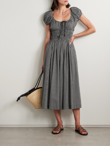 Dôen Quinn tie-detailed shirred gingham organic cotton-poplin midi dress