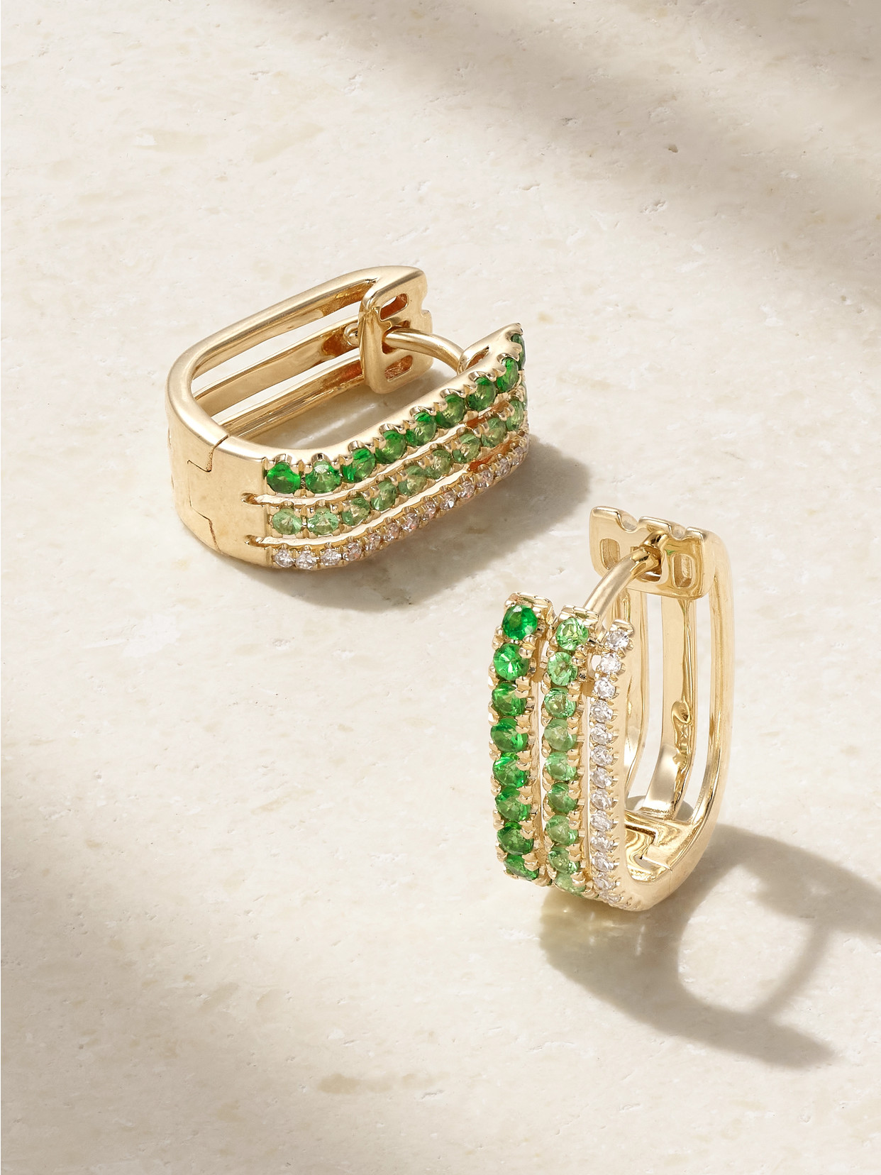 Roxanne First Triple 14-karat Gold, Garnet And Diamond Hoop Earrings In Green