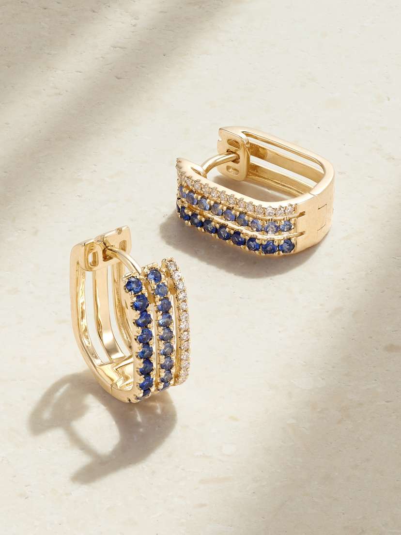Roxanne First Triple 14-karat Gold, Sapphire And Diamond Hoop Earrings