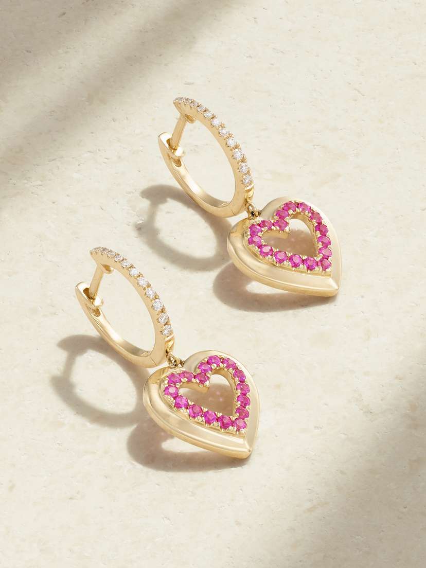Roxanne First Heart 14-karat Gold, Sapphire And Diamond Hoop Earrings