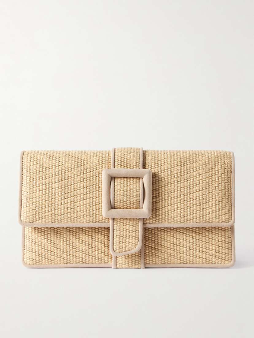 Manolo Blahnik Maycap Suede-trimmed Raffia Clutch