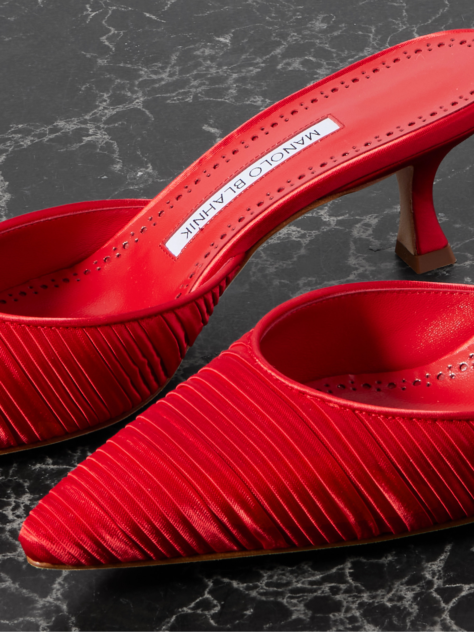 MANOLO BLAHNIK - Carolyne 50 pleated leather-trimmed satin mules