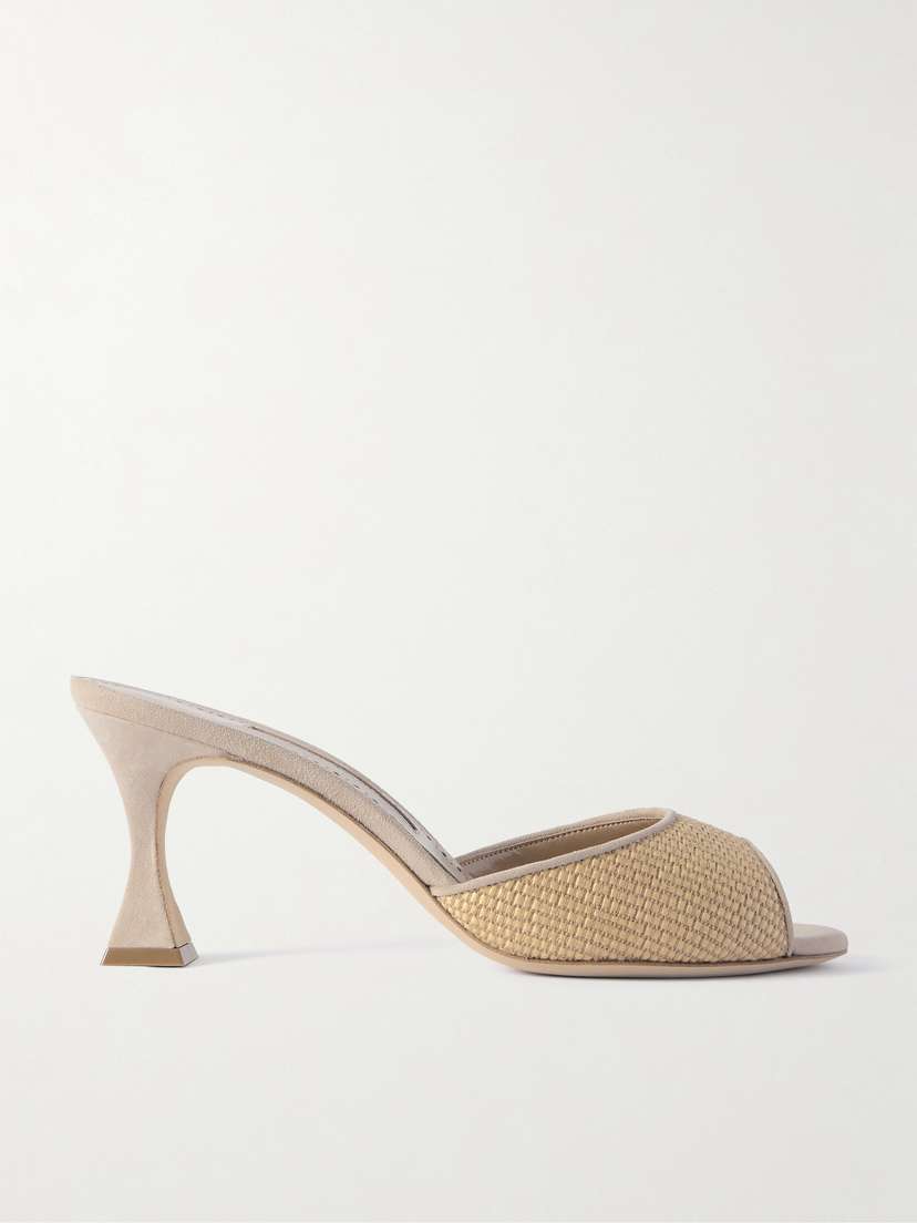 Manolo Blahnik Jadara 70 Suede-trimmed Raffia Mules
