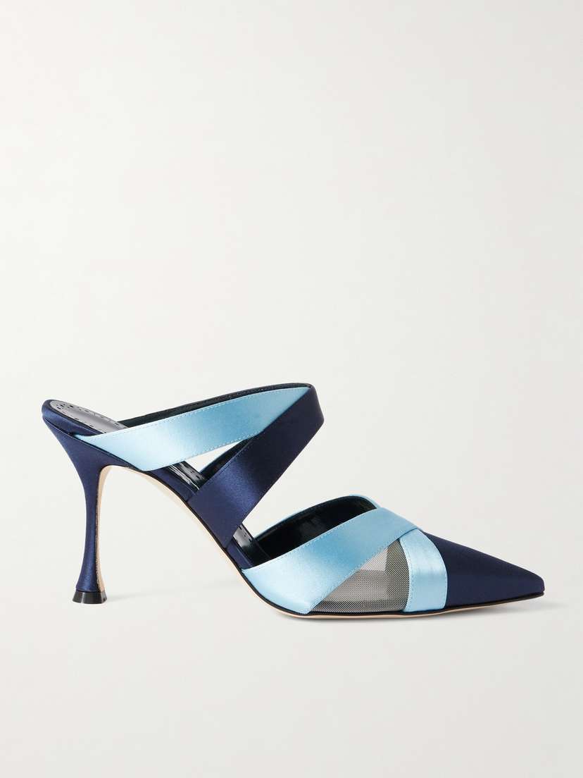 Manolo Blahnik Oyounak Gala Rial 90 Two-tone Satin Mules