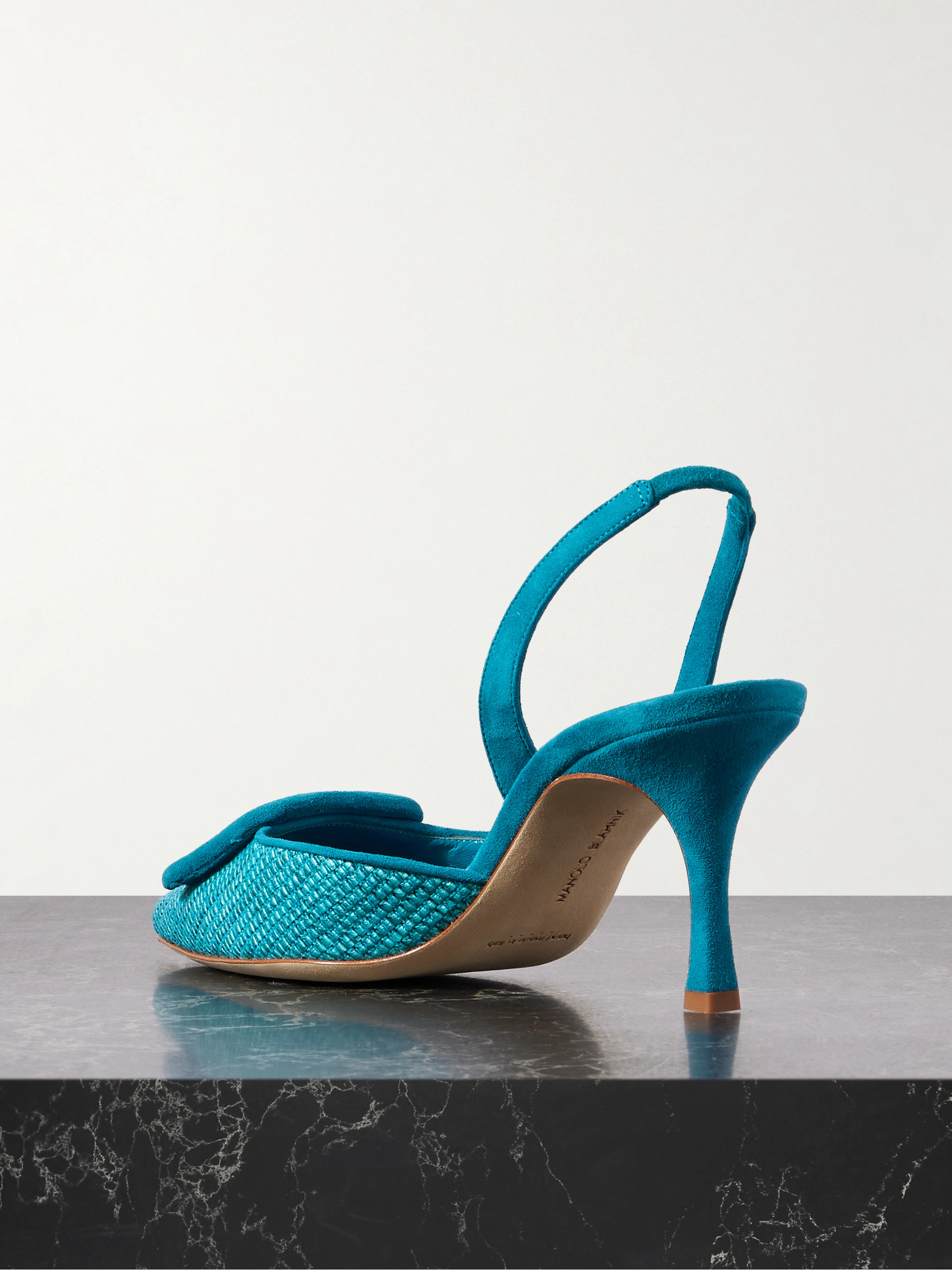 MANOLO BLAHNIK Mayslibi 70 buckled suede-trimmed raffia slingback pumps thumbnail