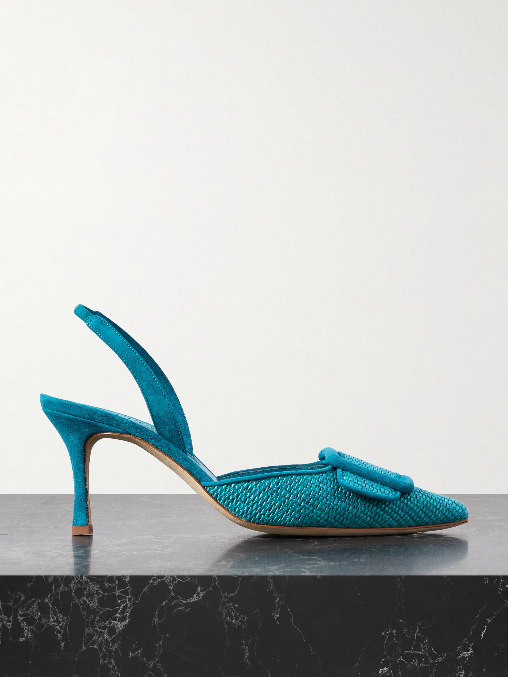 MANOLO BLAHNIK Mayslibi 70 buckled suede-trimmed raffia slingback pumps