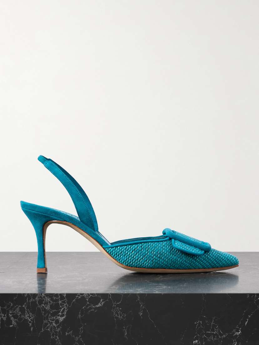 Manolo Blahnik Mayslibi 70 Buckled Suede-trimmed Raffia Slingback Pumps
