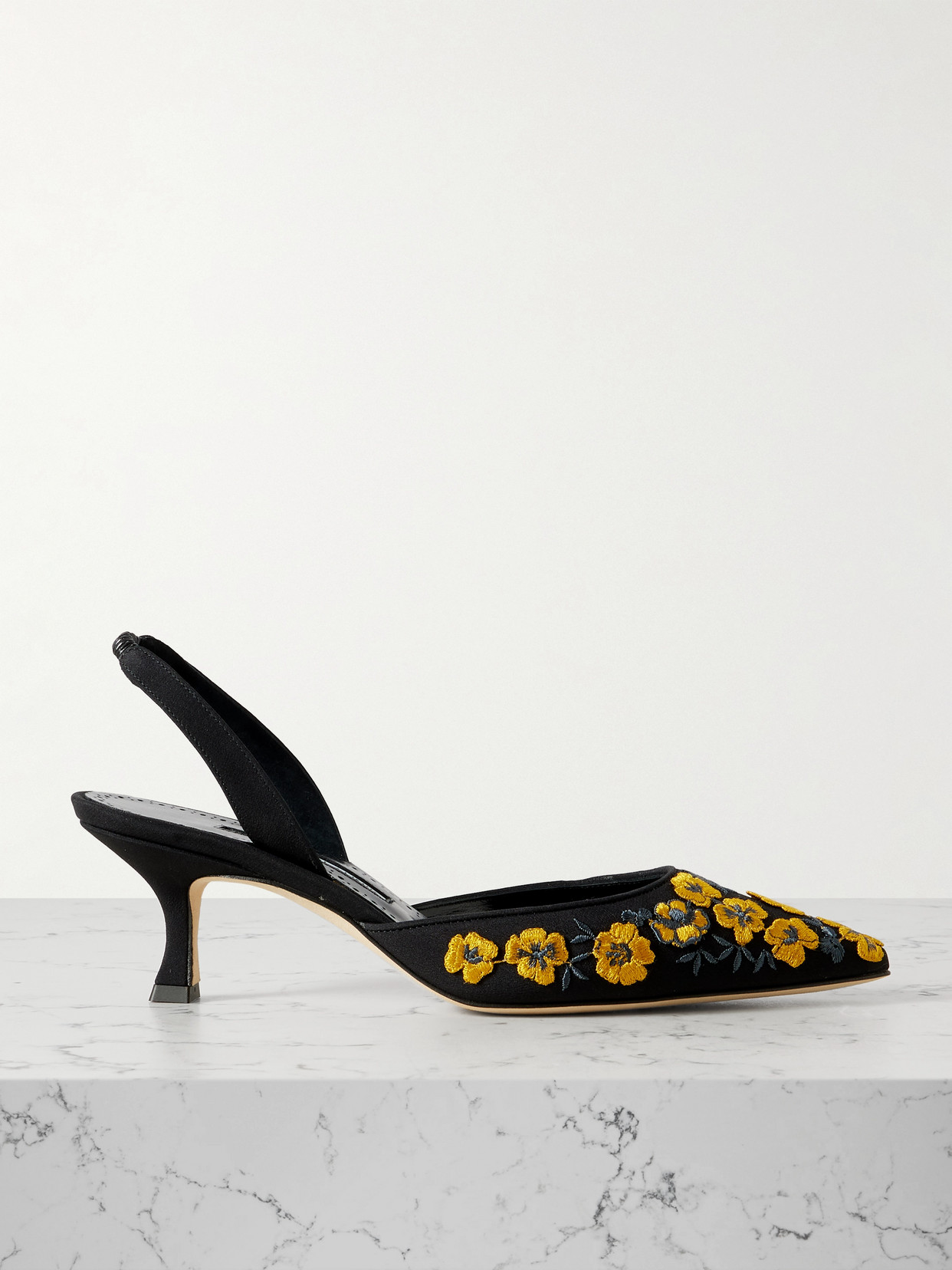 Manolo Blahnik Carolyne 50 Embroidered Silk Crepe De Chine Slingback Pumps In Black