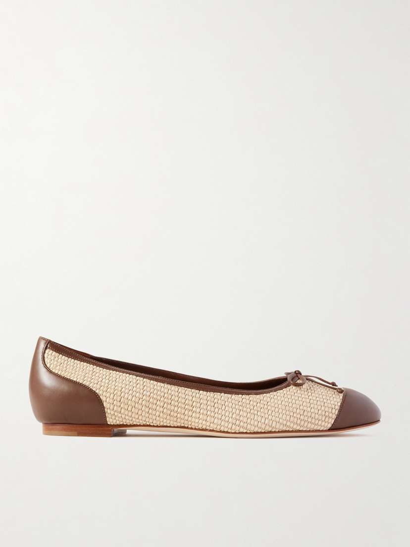 Manolo Blahnik Capbal Leather-trimmed Raffia Ballet Flats