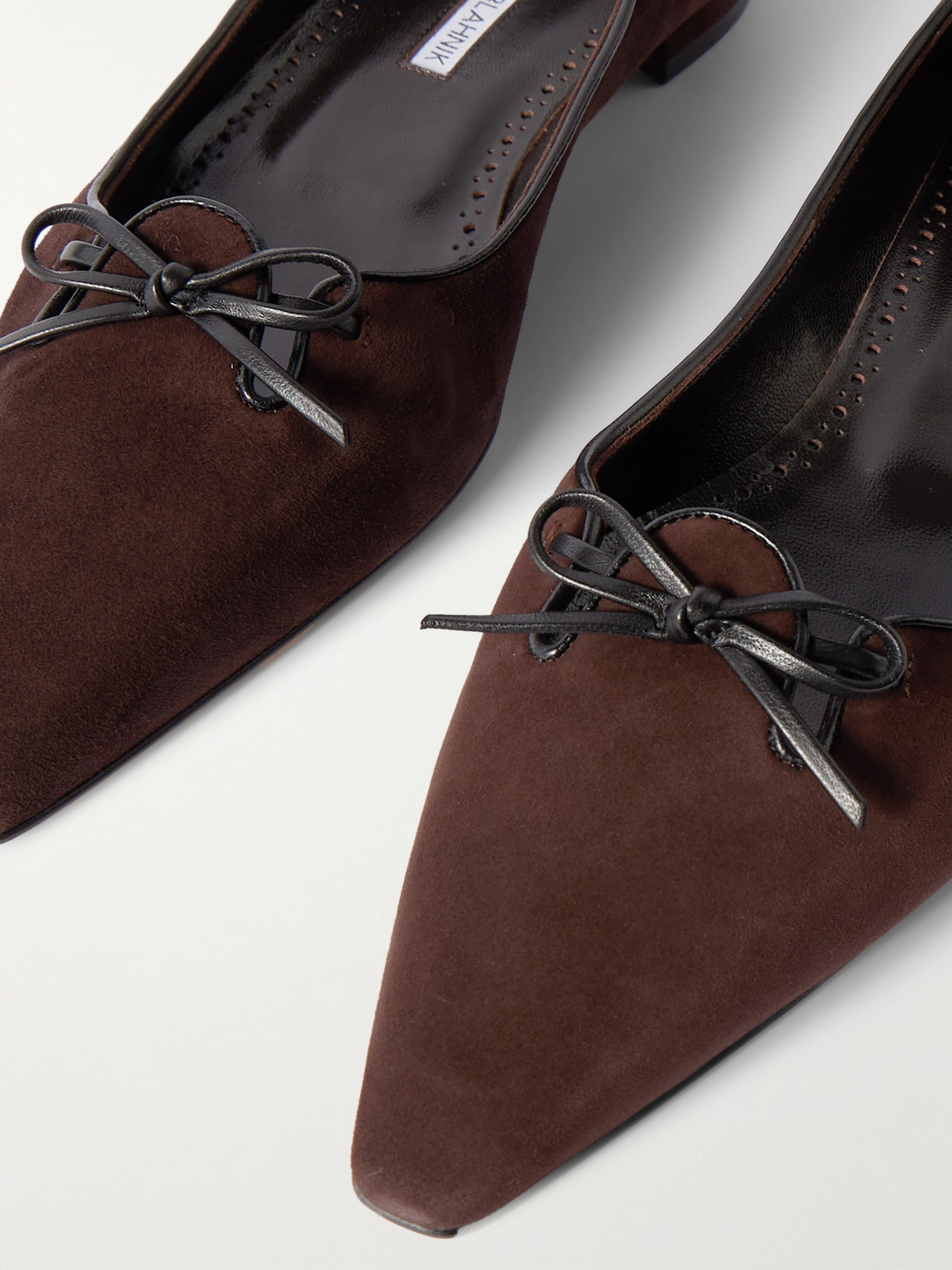 MANOLO BLAHNIK LEATHER-TRIMMED SUEDE POINT-TOE FLATS