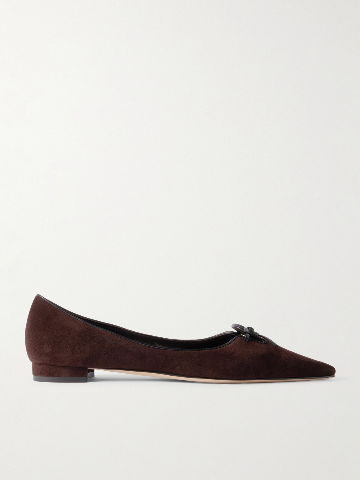 Manolo Blahnik Leather-trimmed Suede Point-toe Flats In Brown