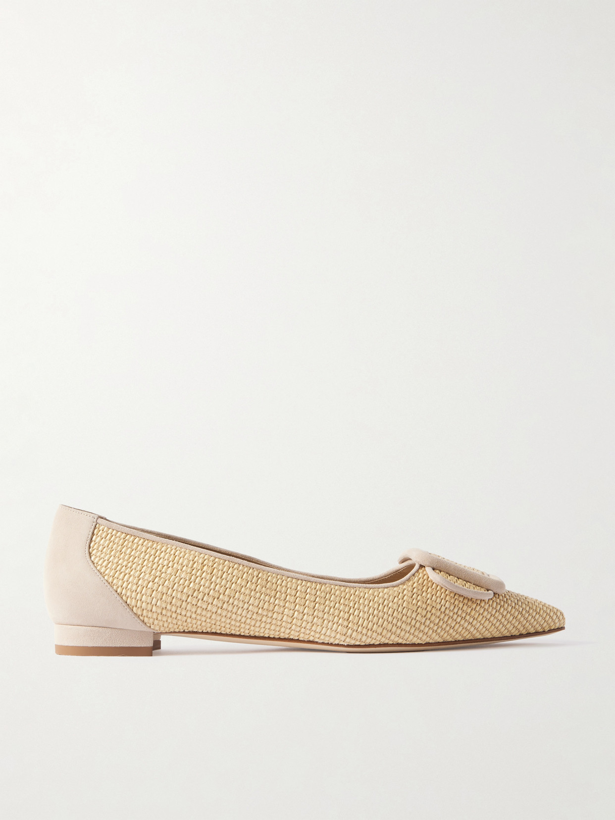 Manolo Blahnik Maysale Suede-trimmed Raffia Point-toe Flats In Cream