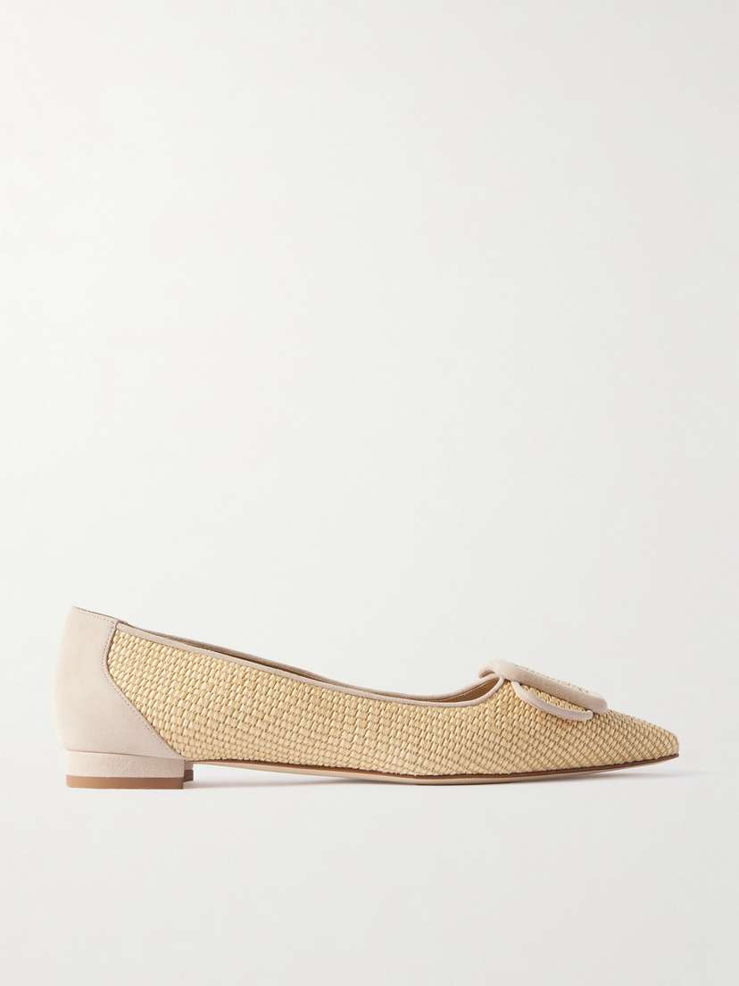 Manolo Blahnik Maysale Suede-trimmed Raffia Point-toe Flats