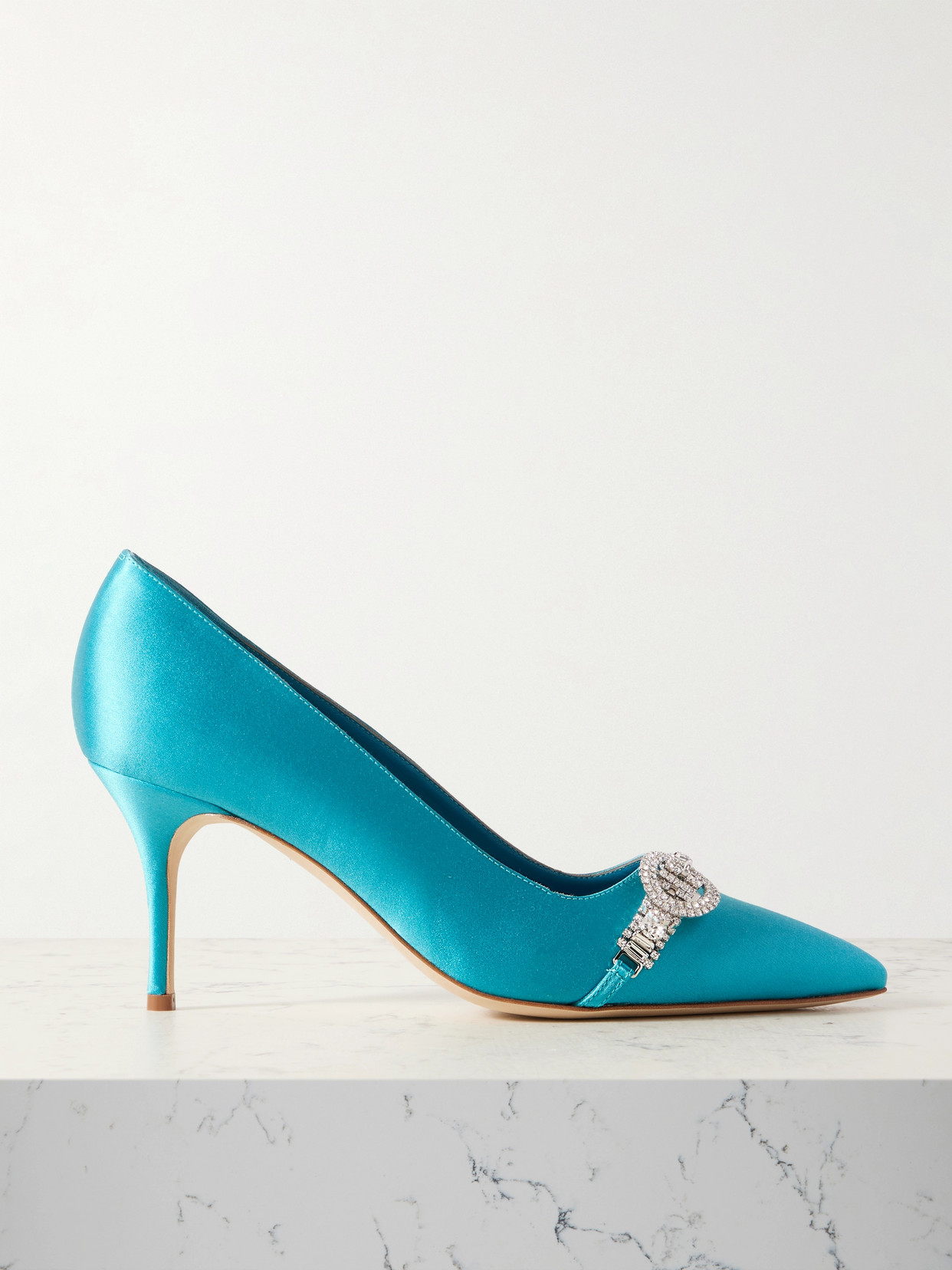 Manolo Blahnik Asapump 70 Crystal-embellished Satin Point-toe Pumps In Blue