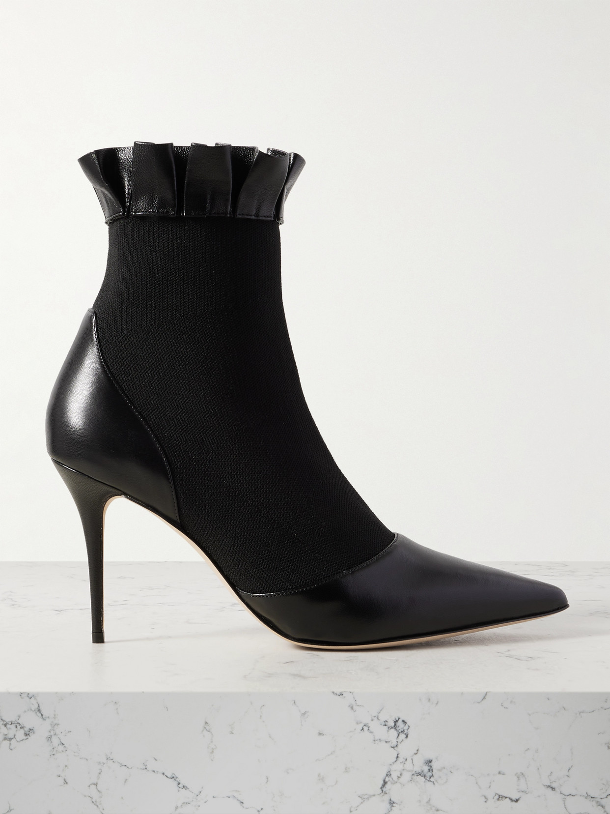 Manolo Blahnik Nafar 90 Stretch-knit And Ruffled Leather Point-toe Ankle Boots In Black