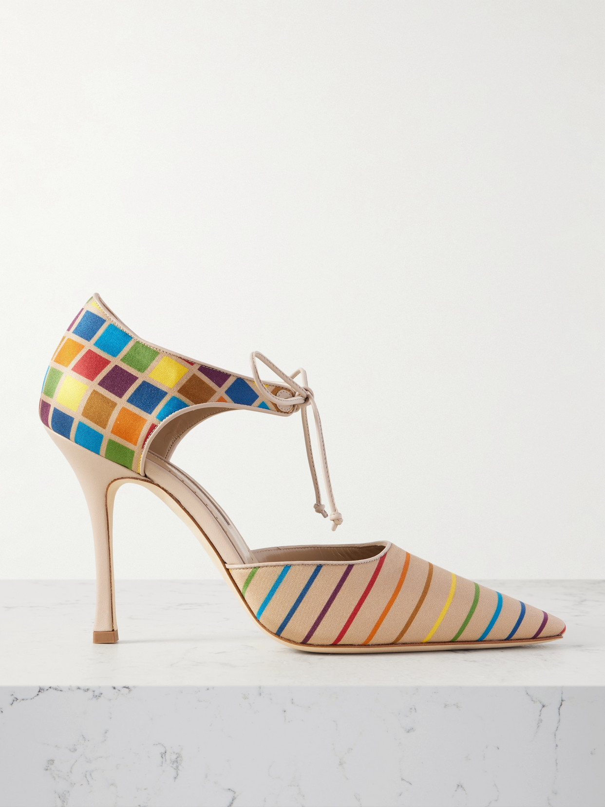 Manolo Blahnik Estho 105 Leather-trimmed Printed Silk-twill Pumps In Multi