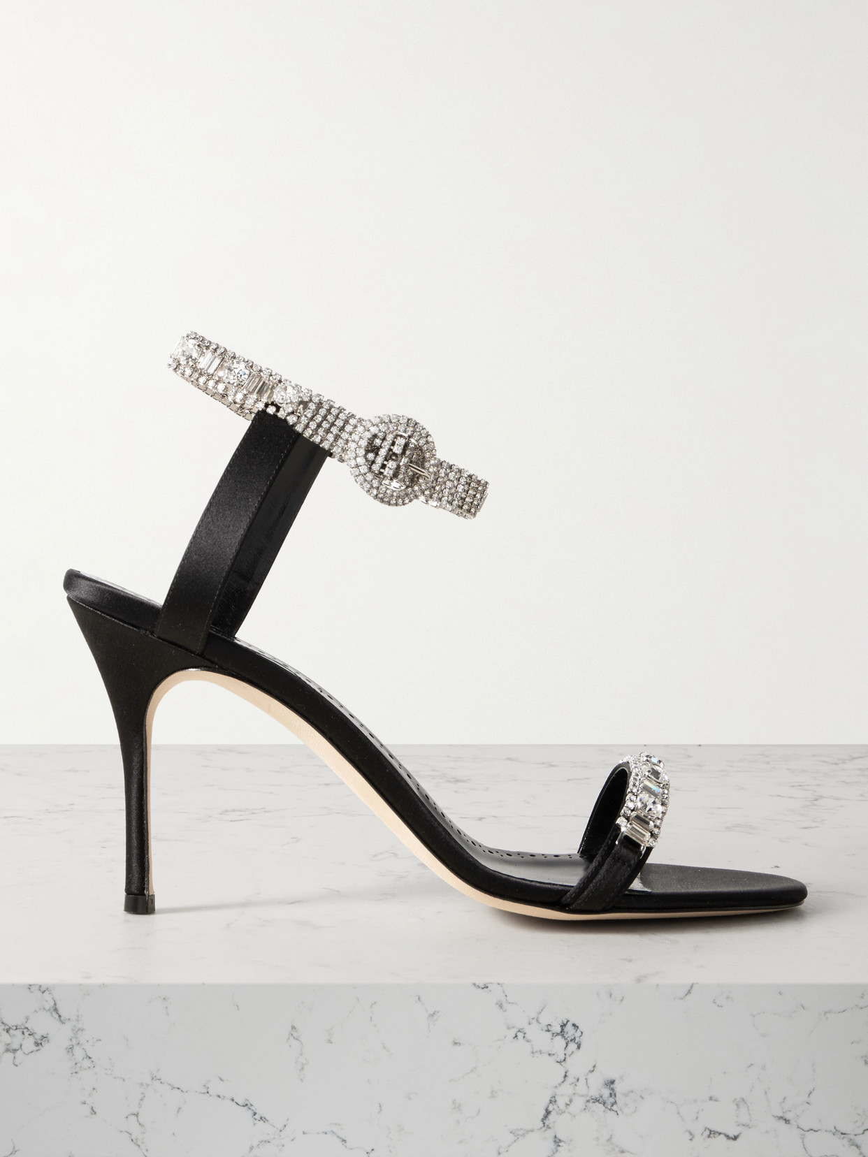 Manolo Blahnik - Asasan 90 Crystal-embellished Satin Sandals - Black
