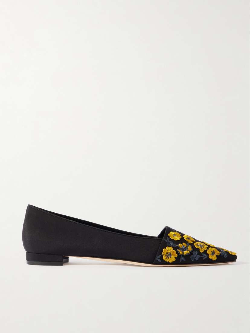 Manolo Blahnik Safiye Embroidered Crepe De Chine Point-toe Flats