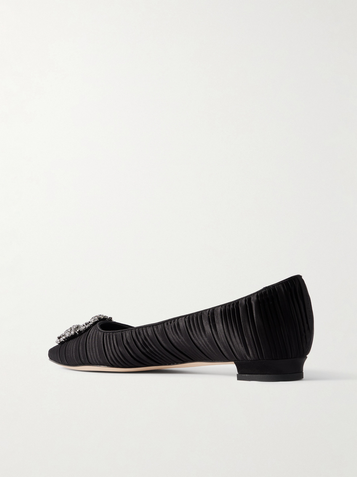 MANOLO BLAHNIK HANGISI CRYSTAL-EMBELLISHED PLEATED SATIN POINT-TOE FLATS