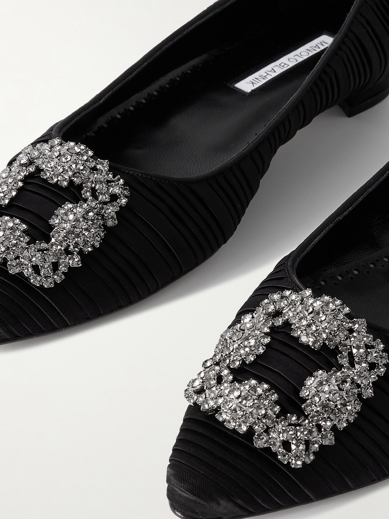MANOLO BLAHNIK HANGISI CRYSTAL-EMBELLISHED PLEATED SATIN POINT-TOE FLATS