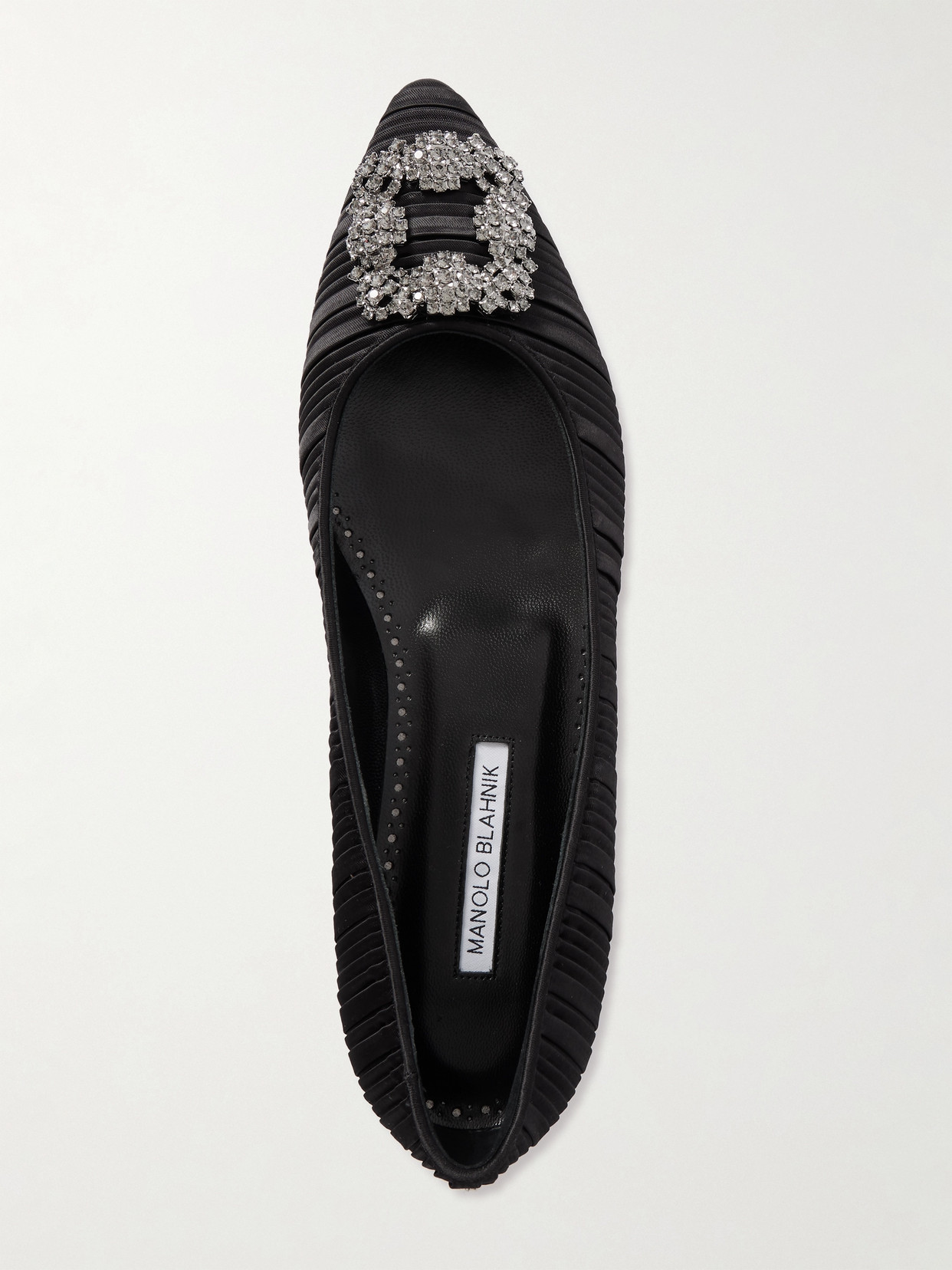 MANOLO BLAHNIK HANGISI CRYSTAL-EMBELLISHED PLEATED SATIN POINT-TOE FLATS