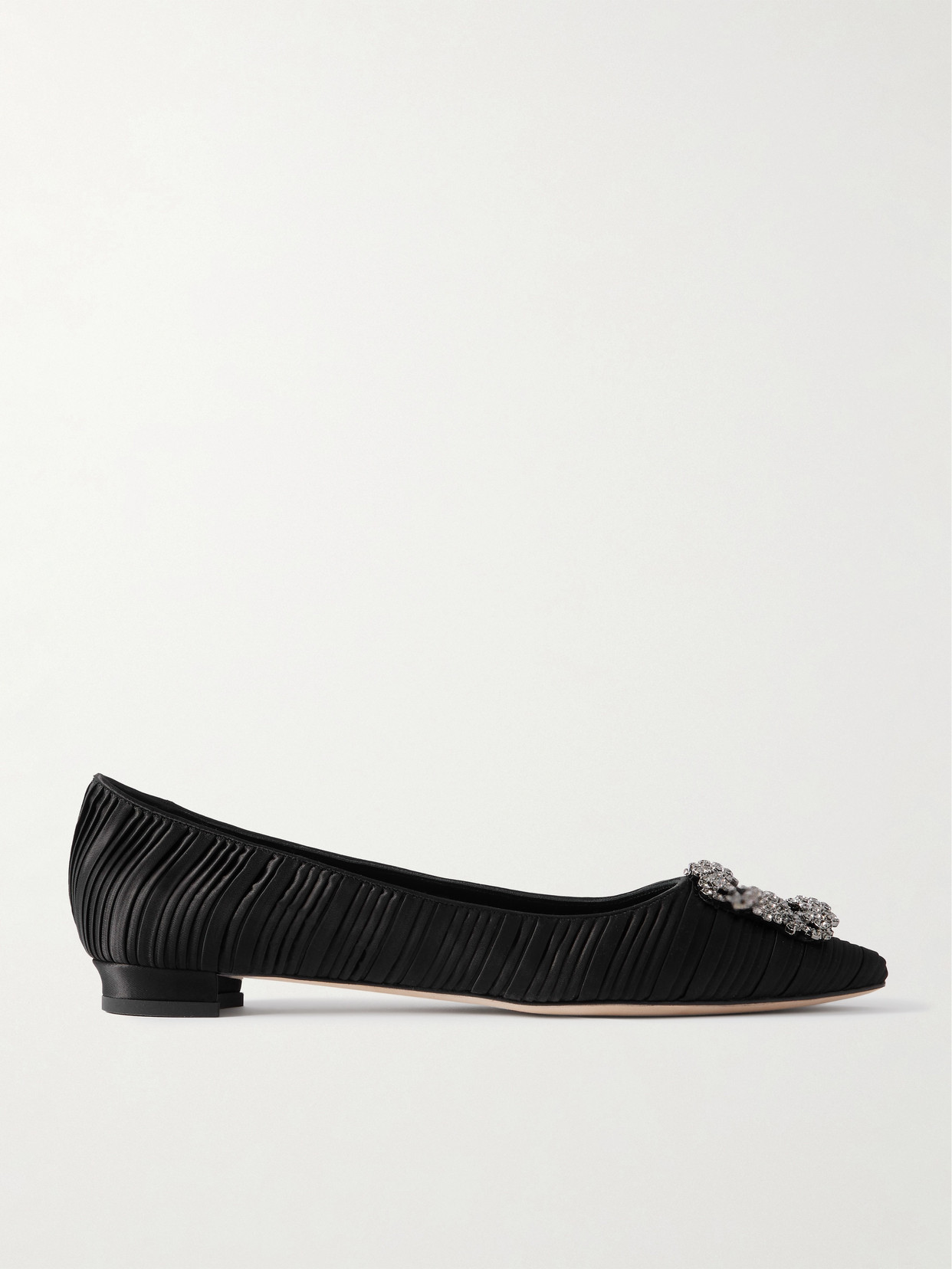Manolo Blahnik Hangisi Crystal-embellished Pleated Satin Point-toe Flats In Black