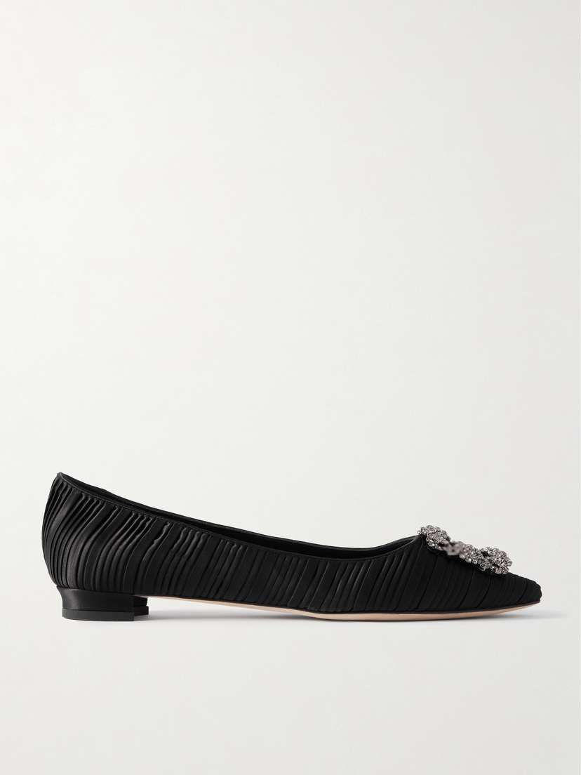 Manolo Blahnik Hangisi Crystal-embellished Pleated Satin Point-toe Flats