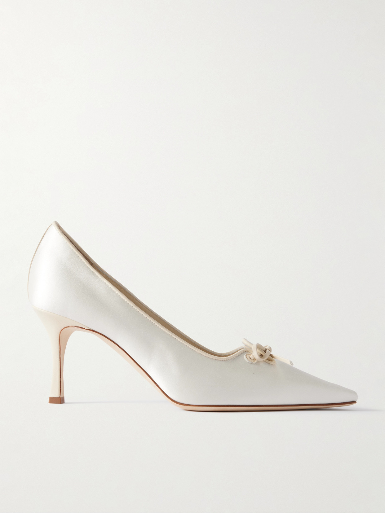 MANOLO BLAHNIK ZAMAN 70 LEATHER-TRIMMED SATIN POINT-TOE PUMPS